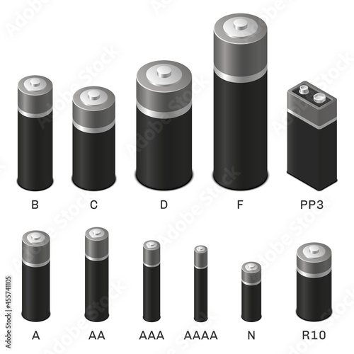 Set of realistic batteries in isometric view. Various types of batteries. Vector illustration.