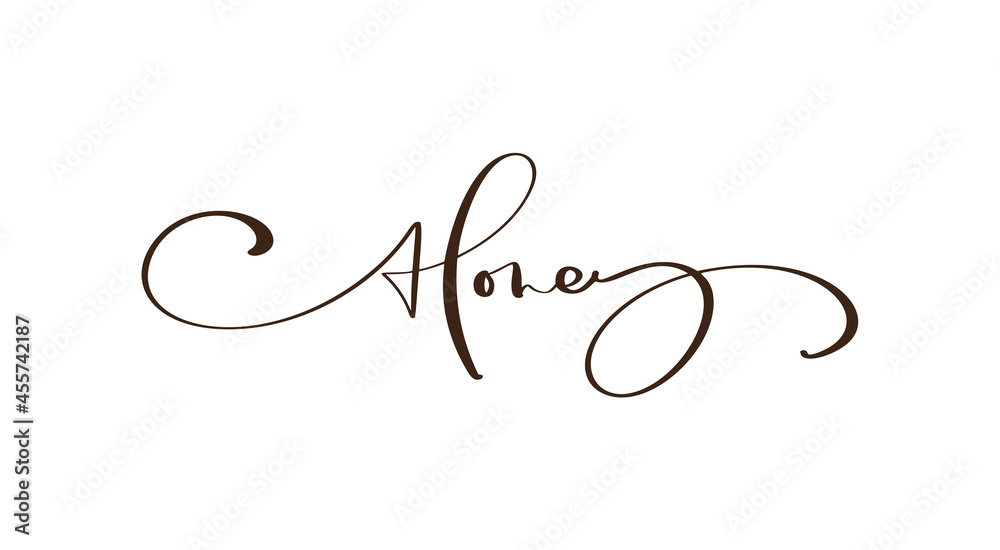 Honey calligraphy lettering text. Vector bee hand lettering word in black color isolated on white background. Concept for logo card, typography poster, print