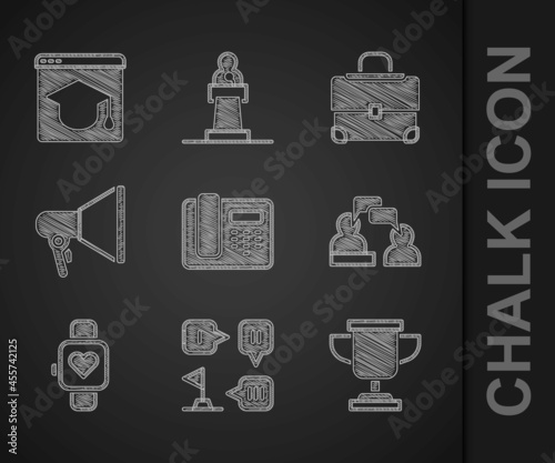 Set Telephone 24 hours support, Planning strategy, Award cup, Two sitting men talking, Smart watch, Megaphone, Briefcase and Online education icon. Vector