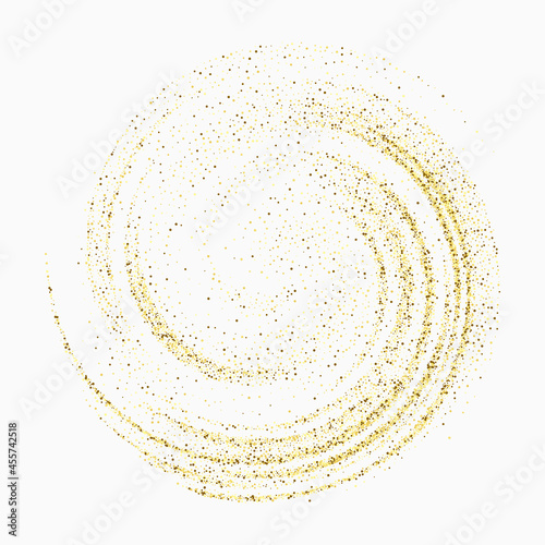Gold confetti glitters on a white background. Swirl of sparkling particles Spreading texture. Decorative element for design