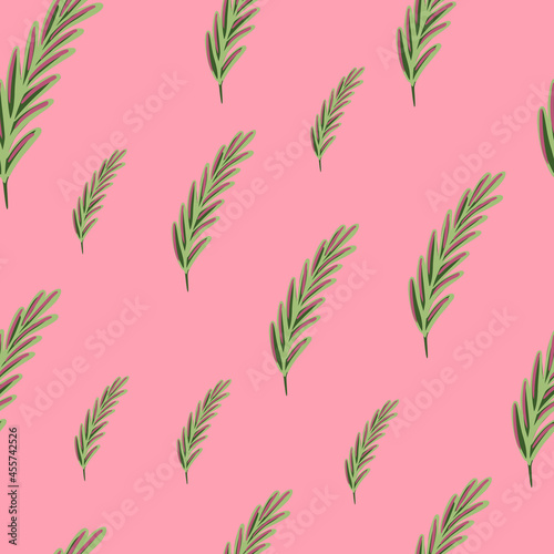 Fototapeta Naklejka Na Ścianę i Meble -  Random green rosemary ornament seamless abstract pattern. Pink bright background. Floral elements.