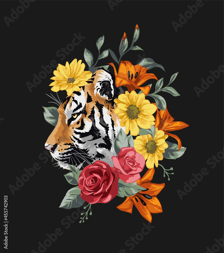 Fotografie, Obraz tiger head in colorful flower wreath vector illustration on black background