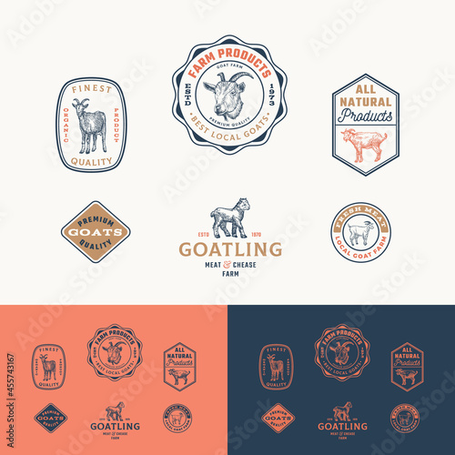 Best Local Goat Farm Retro Framed Badges or Logo Templates Collection. Hand Drawn Cattle Animals Sketches with Retro Typography. Vintage Sketch Emblems Set. Isolated