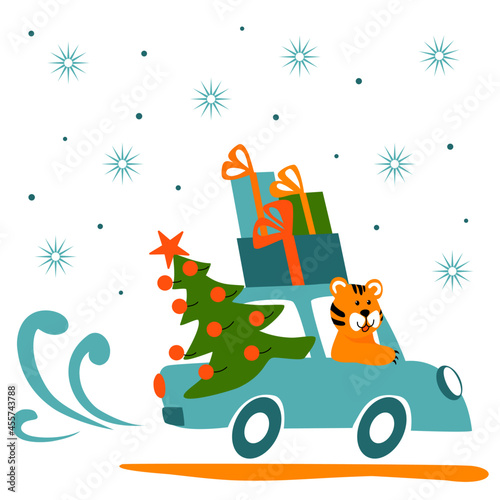 Vector illustration  tiger rides a car  carries new year gifts and a christmas tree