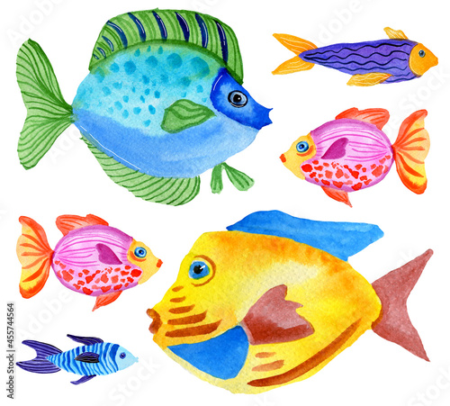 Watercolor blue, yellow and pink fishes set izolated on white background. Hand painting under the water illustration.