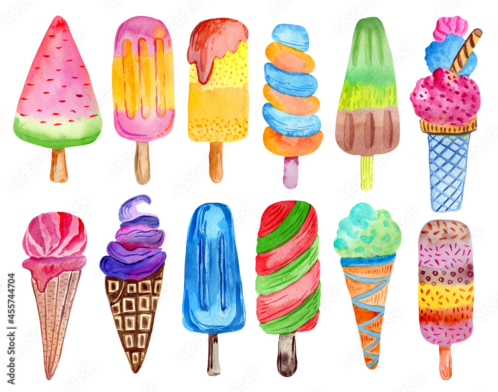 Watercolor ice cream set izolated on white background. Hand painting food illustration. Watercolor ice cream set izolated on white background. Hand painting food illustration.