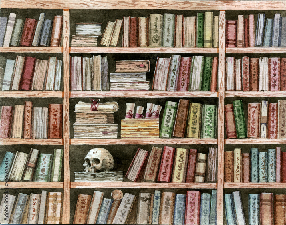 Shelves with ancient folios and scrolls painted in watercolor. Medieval