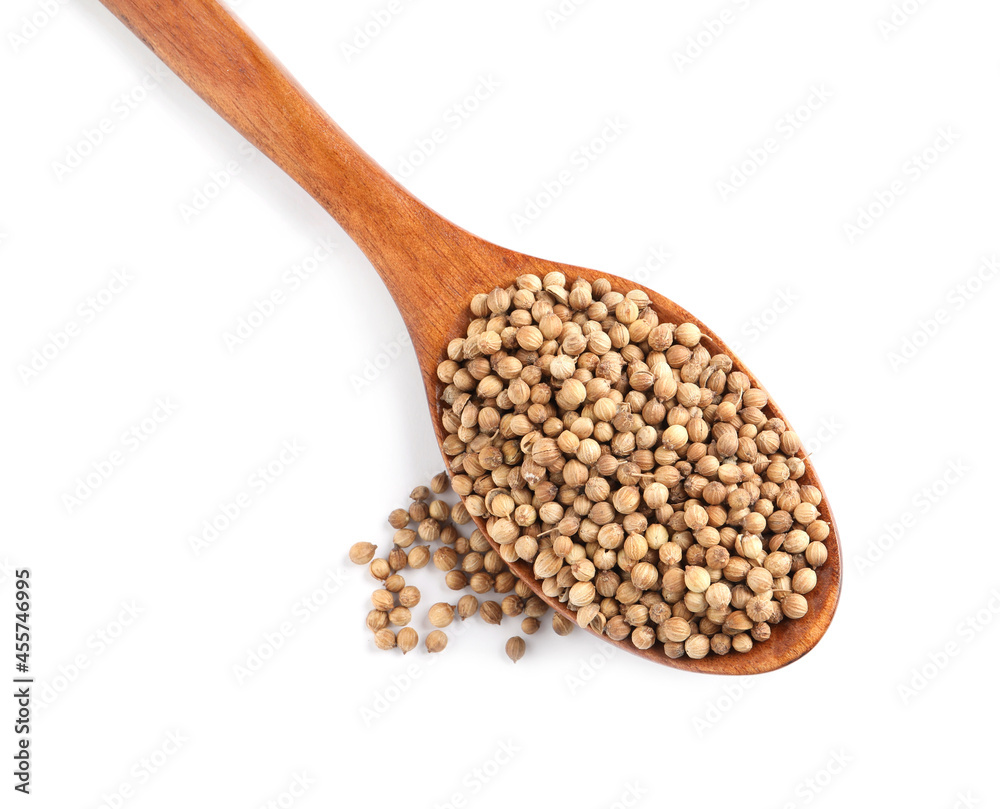 Dried coriander seeds with wooden spoon on white background, top view Dried coriander seeds with wooden spoon on white background, top view
