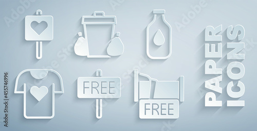 Set Free sign, Bottle of water, Clothes donation, overnight stay house, Trash can and Location with heart icon. Vector