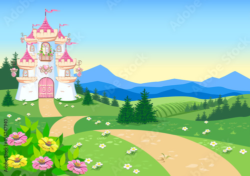 Fairy tale background with princess castle in the forest. Castle with pink flags, precious hearts, roofs, towers and gates in a beautiful landscape. Vector illustration for a fairy tale.