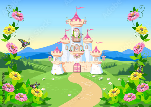 Fairy tale background with princess castle in the forest. Castle with pink flags, precious hearts, roofs, towers and gates in a beautiful landscape. Vector illustration for a fairy tale.