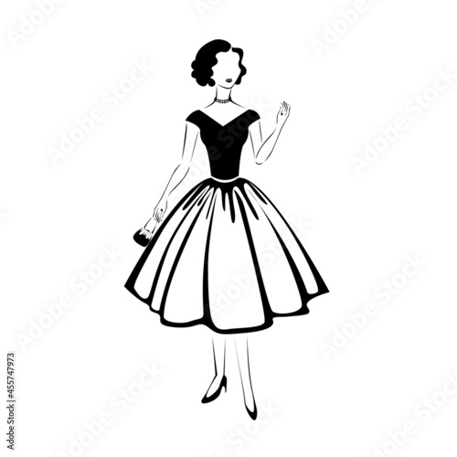 Beautiful and elegant girl in retro clothing silhouette. 1950 year. Vector illustration isolated on white background.