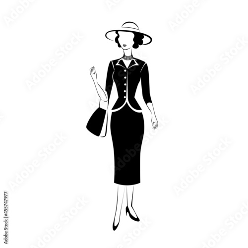 Beautiful and elegant girl in retro clothing silhouette. 1950 year. Vector illustration isolated on white background.