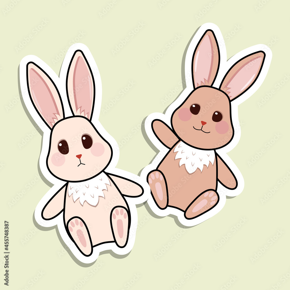 Vector bunny stickers. Two bunnies in cartoon style with black contour Vector bunny stickers. Two bunnies in cartoon style with black contour