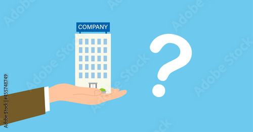 後継者不足のイメージイラスト、会社を持つ手とクエスチョンマーク、ベクター