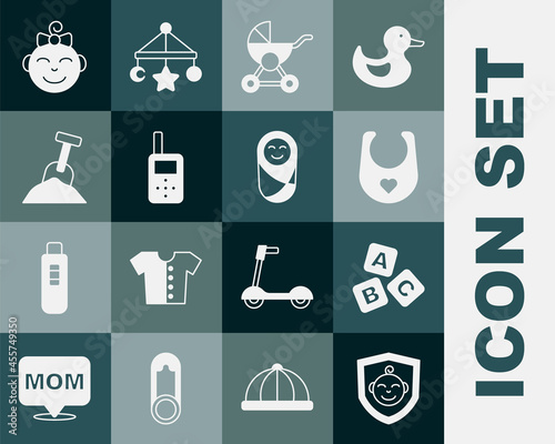 Set Baby on shield, ABC blocks, bib, stroller, monitor walkie talkie, Sandbox with sand and shovel, Little girl head and Newborn baby infant swaddled icon. Vector