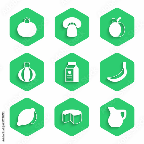 Set aper package for milk, Cheese, Jug glass with, Banana, Lemon, Onion, Plum fruit and Tomato icon. Vector