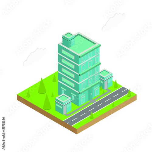 building and office security isometric vector design with courtyard and street in front of the building