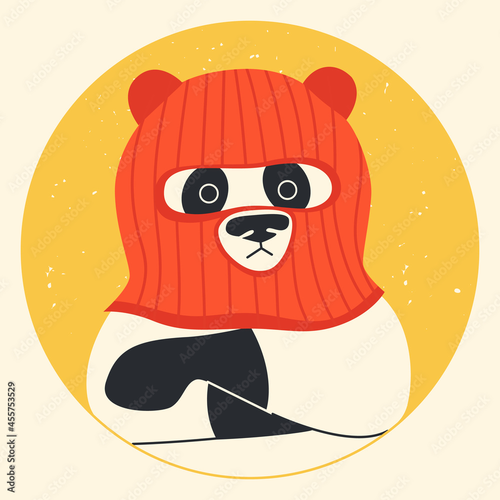 Funny panda wearing balaclava ski mask. Hipster bear dressed as a robber with a colorful thief mask. Isolated print for T-shirt, poster, mug, and for cricut.