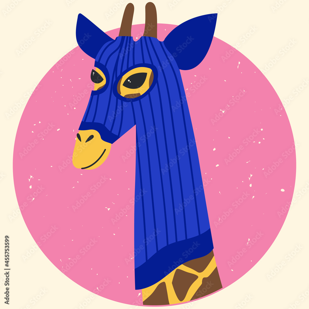 Fototapeta premium Funny giraffe wearing balaclava ski mask. Hipster mammal dressed as a robber with a colorful thief mask. Isolated print for T-shirt, poster, mug, and for cricut.