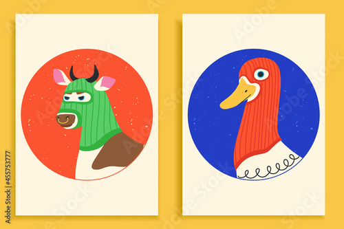 
Funny bull and duck or cow wearing balaclava ski masks. Hipster ox and goose dressed as robbers with colourful thief masks. Isolated print for T-shirt, poster, mug, and for cricut.