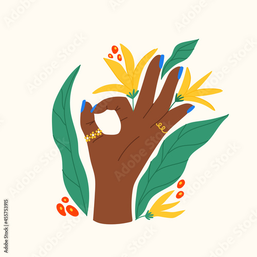 Hand drawn gesture with flowers and leaves. Trendy flat composition with hand showing OK sign. Isolated vector illustration for poster, card, T-shirt print. The con for manicure, skincare, nails, spa.