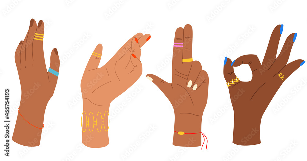 Obraz premium Hand drawn gestures. Isolated trendy illustration with fingers, wrists, palms. Colourful illustration with hands of different colours. Racial diversity and equality concept, various nationalities.
