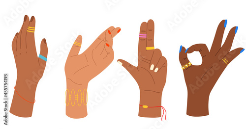 Hand drawn gestures. Isolated trendy illustration with fingers, wrists, palms. Colourful illustration with hands of different colours. Racial diversity and equality concept, various nationalities.