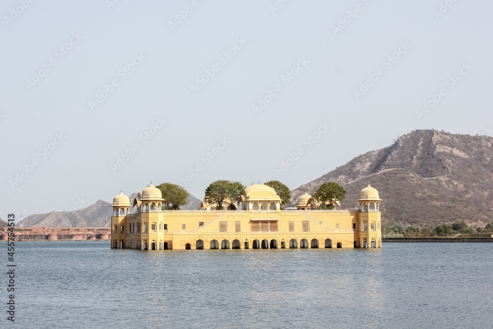 The ancient Jal Mahal palace in the middle of the Man Sagar lake in the city of Jaipur in Rajasthan, India.