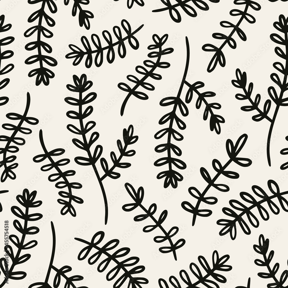 Outline leaves seamless repeat pattern. Random placed, vector doodled botany plants all over surface print on white background.