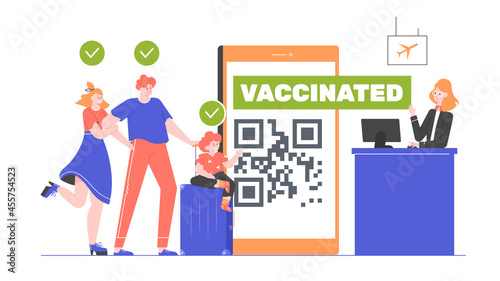 Family at the airport check-in counter. Giant phone with QR code, vaccination certificate. Traveling during a pandemic. Vector flat illustration.