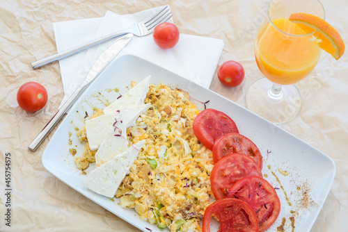 Egg breakfast plate with orange juice