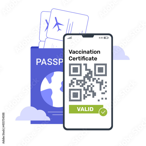 Smartphone with QR code.Validation vaccination against coronavirus infection certificate online. Passport and plane tickets. Safe travel. Vector flat illustration.