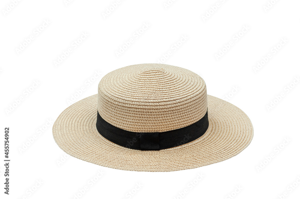 straw hat with black ribbon isolated on white background straw hat with black ribbon isolated on white background