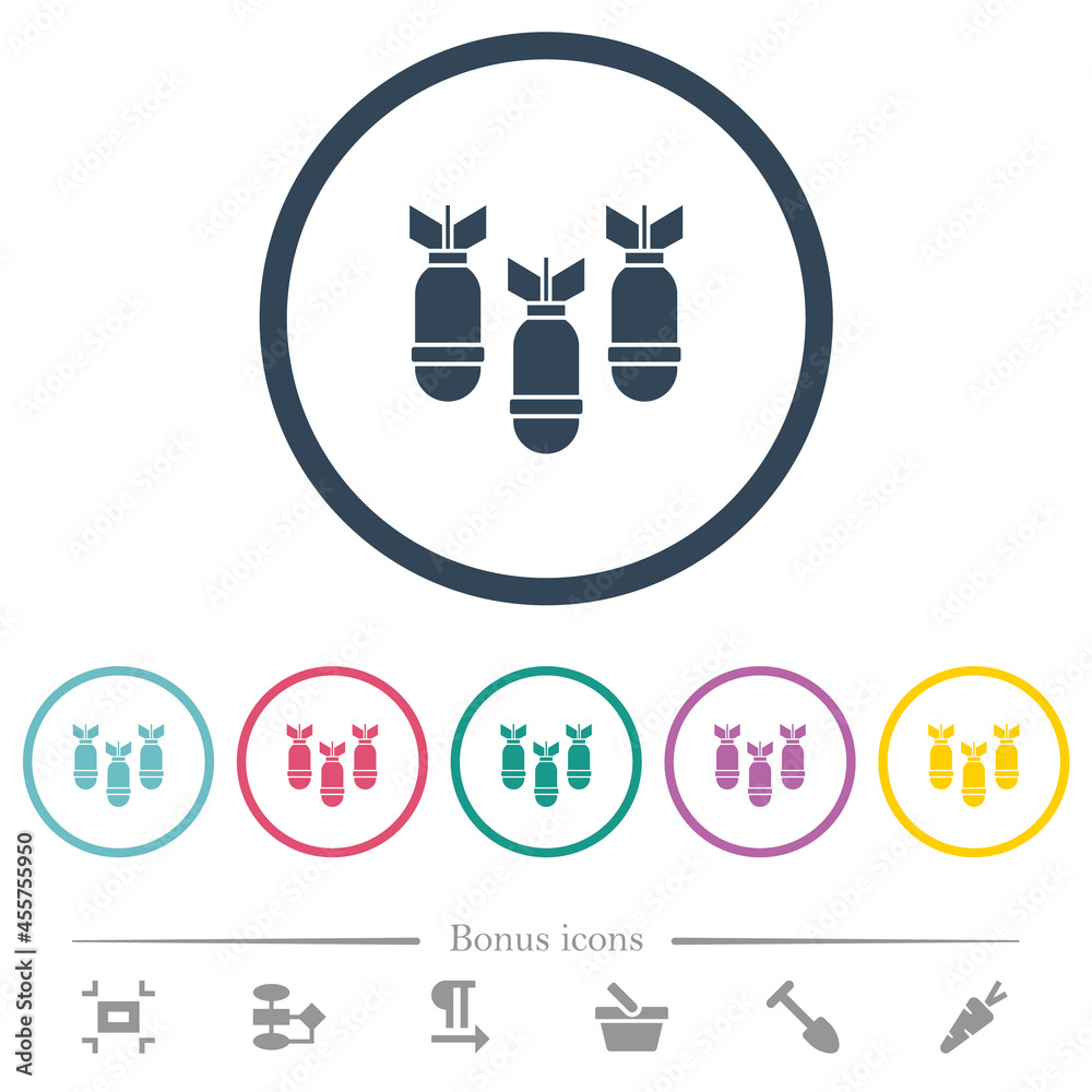 Three air bombs flat color icons in round outlines Three air bombs flat color icons in round outlines