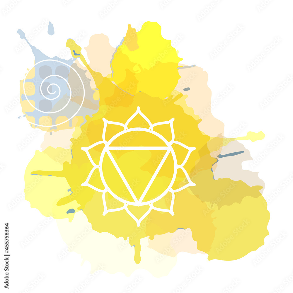 Manipura chakra Meditation aura and fifth of the seven chakras symbol icon watercolor doodle