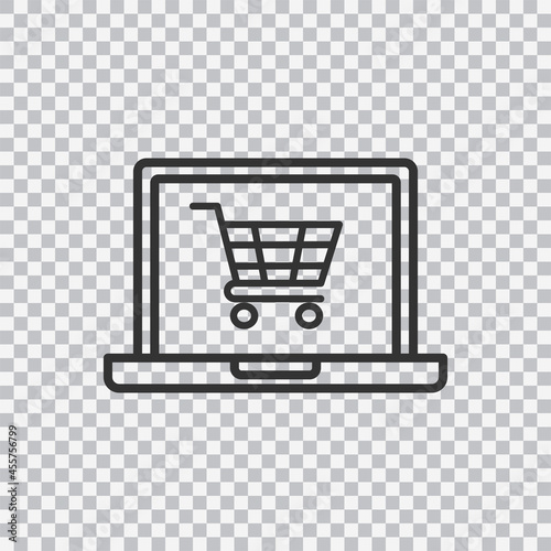 Computer display with shopping cart line icon, outline vector sign, linear style pictogram isolated on transparent background.