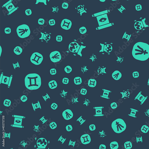 Set Magic ball, Ancient magic scroll, Gemini zodiac and Neptune planet on seamless pattern. Vector