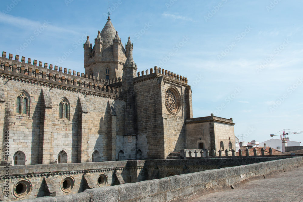 Beautiful view of Cathedral at Evora on a sunny day, no people. Portugal, Europe