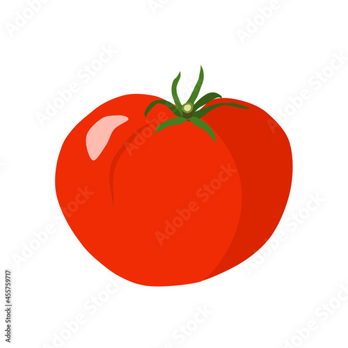 Red fresh tomato with green leaves. Isolated on white background