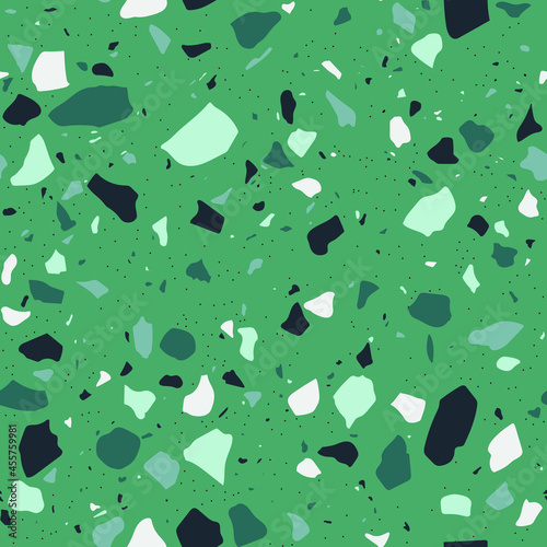 Geometric terrazzo tiles texture. Green terrazzo background. Flooring, kitchen, bathroom tiles. Architectural concrete material. Seamless repeat stone vector pattern.