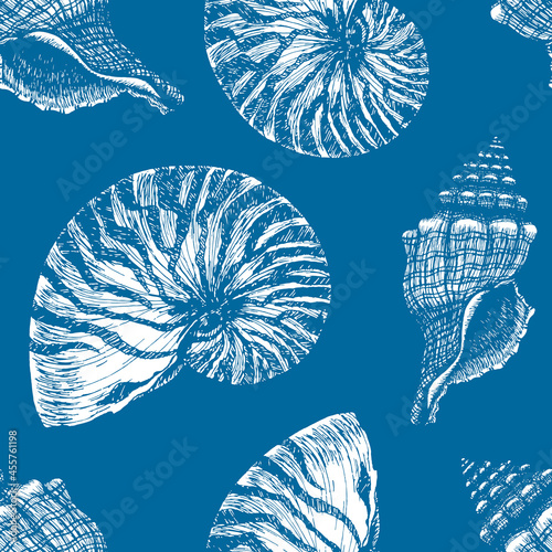 Hand drawn Marine outline seamless pattern. Atlantic Blue Seashell and Nautilus Shell. Underwater animal ink engraving. Sea life vector background for fashion print, textile, wrapping paper