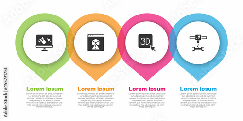 Set 3D printer software, , and wrench spanner. Business infographic template. Vector
