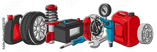 Car service illustration. Auto center repair concept for advertising with transport items.