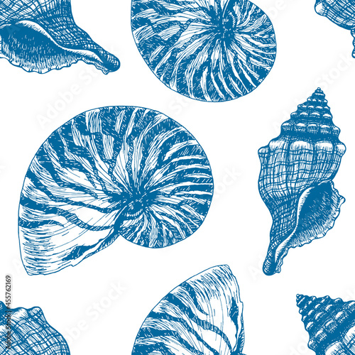 Hand drawn Marine outline seamless pattern. Atlantic Blue Seashell and Nautilus Shell. Underwater animal ink engraving. Sea life vector background for fashion print, textile, wrapping paper