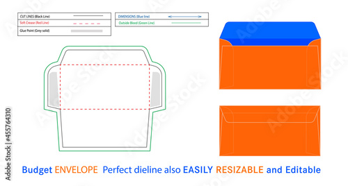 Horizontal Budget Envelope dieline and 3D vector file, Horizontal  style budget envelope editable and resizable  18x9 cm