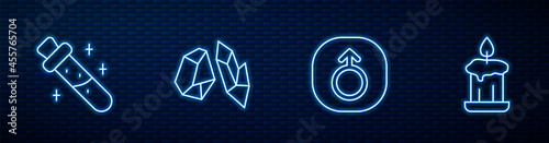 Set line Mars, Bottle with potion, Magic stone and Burning candle. Glowing neon icon on brick wall. Vector