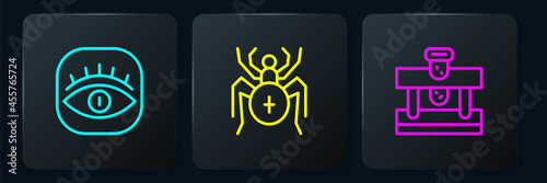 Set line Masons, Bottle with potion and Spider. Black square button. Vector