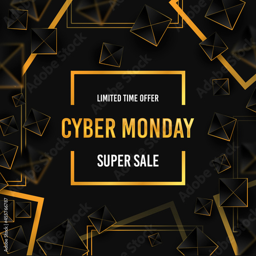 Cyber Monday luxury golden glow ad banner. Discount banner. Abstract vector illustration. 
