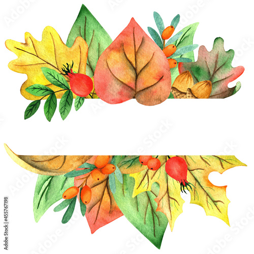 Watercolor autumn leaves invitation - leaf frame border, for wedding stationary, greetings, wallpapers, fashion, background.